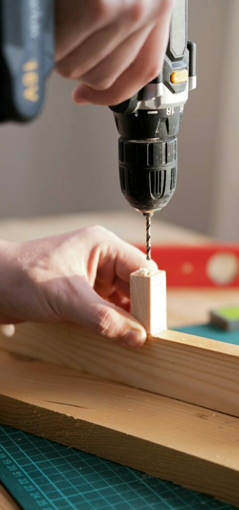 drilling a hole in a tree with a metal drill on wood, the theme of craft and woodworking